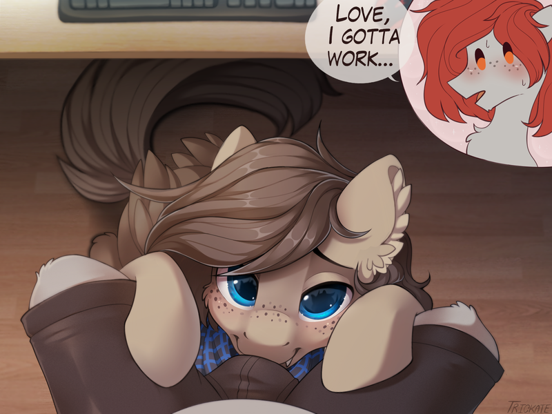 Size: 2000x1500 | Tagged: questionable, alternate version, artist:trickate, derpibooru import, oc, oc:scarlett lane, oc:snaggletooth, unofficial characters only, pegasus, pony, bandana, bedroom eyes, blushing, bulge touching, chest fluff, clothes, colored pupils, crotch bulge, desk, dialogue, ear fluff, fangs, folded wings, freckles, gay, image, keyboard, looking at you, looking up, male, male pov, nuzzling, offscreen character, open mouth, pants, png, pov, rcf community, shorts, signature, smiling, speech bubble, stallion, sweat, sweatdrops, under the table, wings