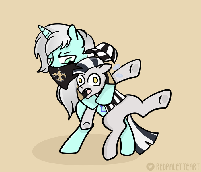 Size: 1196x1024 | Tagged: safe, artist:redpalette, derpibooru import, oc, unicorn, zebra, american football, bandana, choke, chokehold, cute, hat, horn, image, new orleans saints, nfc championship, nfl, png, rage, referee, sports, sweat, sweatdrop, unicorn oc