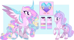 Size: 1280x684 | Tagged: safe, artist:berry-siren, derpibooru import, princess cadance, alicorn, pegasus, pony, alternate design, crystal horn, horn, image, pegasus cadance, png, reference sheet, simple background, transparent background, two toned wings, wings
