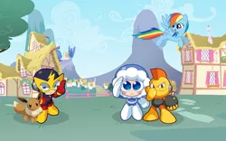 Size: 900x563 | Tagged: safe, artist:yuseifan4life, derpibooru import, rainbow dash, eevee, bomb man, crossover, elec man, ice man, image, megaman, png, pokémon