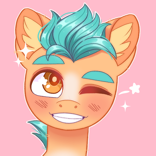 Size: 775x775 | Tagged: safe, artist:duskinova, derpibooru import, hitch trailblazer, earth pony, pony, blaze (coat marking), blushing, bust, ear fluff, g5, grin, image, male, one eye closed, pink background, png, portrait, simple background, smiling, solo, stallion, stars, wink