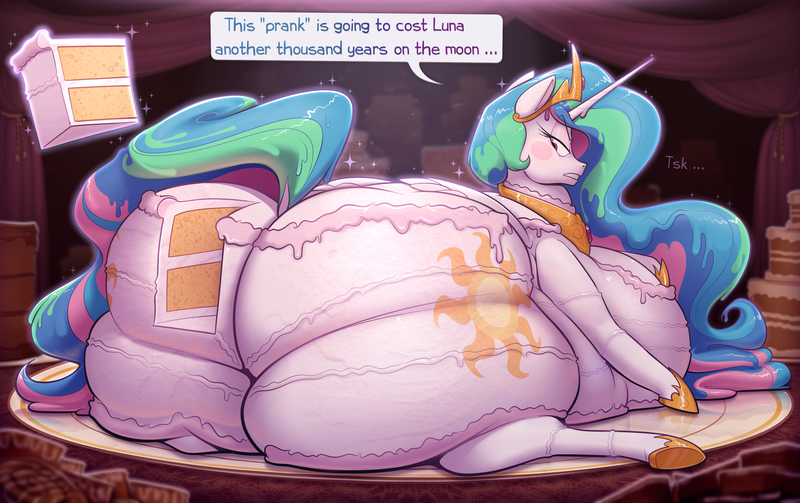 Size: 3500x2200 | Tagged: questionable, artist:secretgoombaman12345, derpibooru import, princess celestia, alicorn, pony, blush sticker, blushing, butt, butt expansion, cake, cake slice, cakelestia, celestia is not amused, chubby cheeks, chubbylestia, crown, curtains, dock, fat, female, food, food transformation, frosting, growth, high res, hoof shoes, huge butt, image, imminent vore, implied princess luna, jewelry, large butt, levitation, looking back, magic, morbidly obese, not salmon, obese, peytral, plate, png, prank, pun, regalia, solo, solo female, speech bubble, sunbutt, telekinesis, the ass was fat, thick, transformation, unamused, wat, weight gain