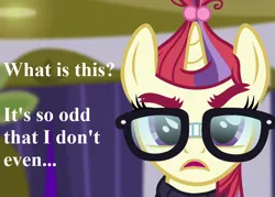 Size: 896x640 | Tagged: safe, derpibooru import, edit, edited screencap, screencap, moondancer, pony, amending fences, clothes, cropped, glasses, image, png, pun, reaction image, solo, speech, sweater, talking, wat (reaction image)