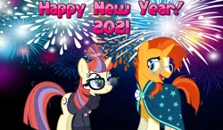 Size: 2064x1204 | Tagged: safe, anonymous artist, derpibooru import, moondancer, sunburst, unicorn, 2021, female, fireworks, happy new year, holiday, image, looking at each other, male, png, shipping, smiling, straight, sundancer