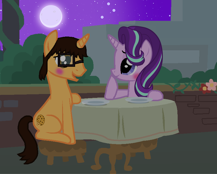 Size: 789x633 | Tagged: safe, artist:starlightglimmerfan1, derpibooru import, starlight glimmer, oc, oc:brandon, pony, unicorn, blushing, female, image, love, male, mare, moon, night, png, romantic, shipping, stallion, stars, supper