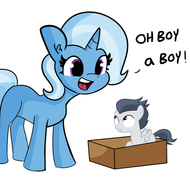 Size: 2250x2184 | Tagged: suggestive, artist:tjpones, derpibooru import, edit, rumble, trixie, pegasus, pony, unicorn, box, female, image, imminent foalcon, implied pedophilia, male, missing cutie mark, oh boy, png, pony in a box, simple background, straight, straight shota, stranger danger, this will end in jail time, trixie's pills, white background