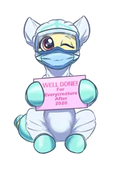 Size: 1200x1800 | Tagged: safe, artist:ravistdash, derpibooru import, oc, oc:массы, earth pony, pony, derpibooru community collaboration, 2021 community collab, clothes, covid-19, derpibooru exclusive, environmental suit, face mask, female, gloves, image, latex, latex gloves, mask, not fluttershy, png, positive message, positive ponies, sign, simple background, sitting, smiling, transparent background, virus