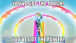 Size: 700x394 | Tagged: safe, derpibooru import, edit, edited screencap, screencap, rainbow dash, equestria girls, equestria girls series, run to break free, spoiler:eqg series (season 2), caption, clothes, converse, double sonic rainboom, female, flying, geode of super speed, image, image macro, magical geodes, meme, png, ponied up, shoes, sneakers, solo, song reference, sonic rainboom, stan bush, text, the touch, transformers, wings