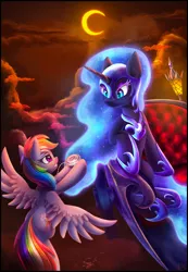 Size: 2100x3028 | Tagged: safe, artist:atlas-66, derpibooru import, nightmare moon, rainbow dash, alicorn, pegasus, pony, fanfic:the empty room, chariot, duo, eclipse, image, lantern, luna's chariot, medallion, night, png, sky