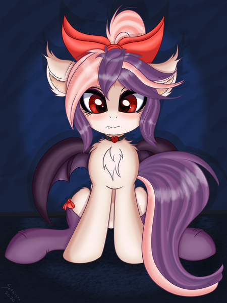 Size: 3475x4634 | Tagged: safe, artist:sethisto, derpibooru import, oc, oc:sweet velvet, unofficial characters only, bat pony, pony, bow, chest fluff, choker, clothes, cute, disgruntled, female, image, looking at you, mare, png, red eyes, sitting, socks