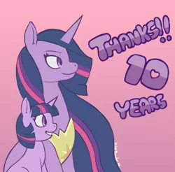 Size: 2041x2009 | Tagged: safe, artist:wild-thunder06, derpibooru import, princess twilight 2.0, twilight sparkle, twilight sparkle (alicorn), alicorn, pony, unicorn, the last problem, anniversary, ethereal hair, ethereal mane, female, happy birthday mlp:fim, image, jewelry, mare, missing accessory, mlp fim's tenth anniversary, necklace, older, older twilight, png, regalia, self paradox, self ponidox, solo, text, time paradox, unicorn twilight