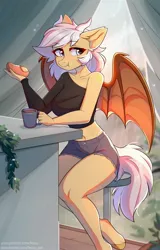 Size: 2506x3906 | Tagged: safe, alternate version, artist:fensu-san, derpibooru import, oc, oc:silver veil, unofficial characters only, anthro, bat pony, unguligrade anthro, eating, explicit source, fruit, herbivore, horns, image, jpeg, solo, transformation