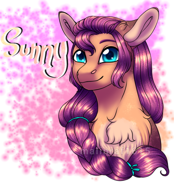 Size: 779x825 | Tagged: safe, artist:malinraf1615, derpibooru import, sunny starscout, earth pony, pony, braid, bust, chest fluff, female, g5, image, looking at you, png, portrait, smiling, solo, text