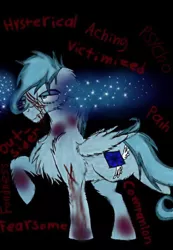 Size: 898x1299 | Tagged: semi-grimdark, artist:christle-flyer-ssl, derpibooru import, oc, oc:christle flyer, unofficial characters only, pegasus, pony, black background, blood, bruised, colt, crying, cut, disembodied thoughts, foal, image, jpeg, magic, magic substance, male, raised hoof, simple background, smiling, solo, text, wings