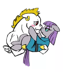 Size: 684x778 | Tagged: safe, artist:sinjaaussiaangels, derpibooru import, bulk biceps, maud pie, earth pony, pegasus, pony, blushing, boop, bridal carry, carrying, female, holding a pony, image, jpeg, looking into each others eyes, male, mare, maudceps, noseboop, shipping, simple background, stallion, straight, white background