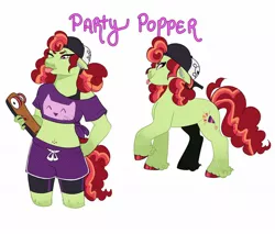 Size: 1280x1090 | Tagged: safe, artist:etchnsketches, derpibooru import, oc, oc:party popper, unofficial characters only, anthro, cat, earth pony, pony, backwards ballcap, baseball cap, belly button, bellyring, cap, clothes, compression shorts, confident, ear piercing, earring, female, floppy ears, front view, green fur, gym shorts, hand on hip, hat, image, jewelry, jpeg, long mane, mare, midriff, multicolored mane, multicolored tail, offspring, one eye closed, parent:cheese sandwich, parent:rainbow dash, parents:cheesedash, piercing, pink eyes, shirt, shorts, shorts over shorts, side knot shirt, side slit, side view, simple background, skateboard, smiling, solo, t-shirt, tomboy, tongue out, white background