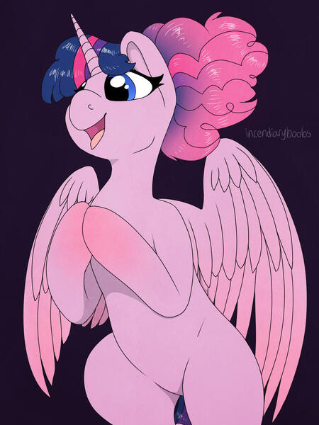 Size: 1024x1366 | Tagged: safe, artist:incendiaryboobs, derpibooru import, pinkie pie, twilight sparkle, alicorn, fusion, image, jpeg, twilight sparkle (alicorn)