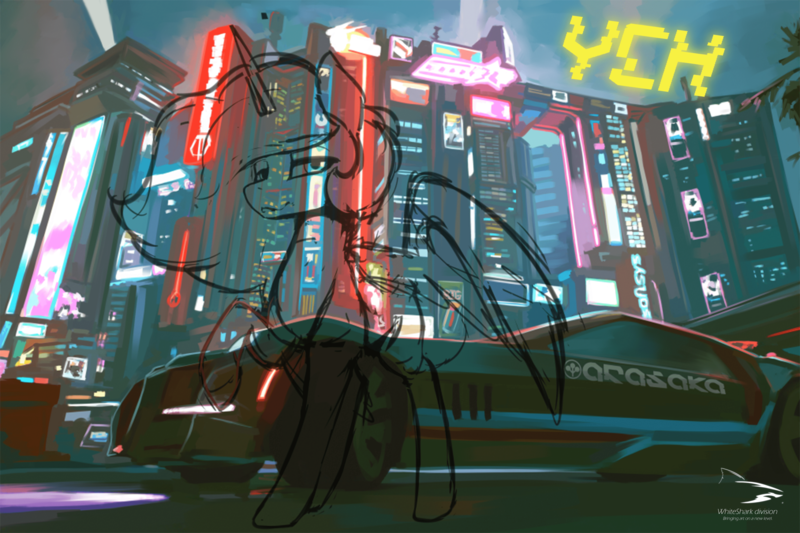 Size: 3830x2553 | Tagged: safe, artist:dukevonkessel, derpibooru import, pony, series:whiteshark division, car, commission, cyberpunk 2077, image, night city, png, solo, ych sketch, your character here