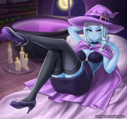Size: 1300x1212 | Tagged: suggestive, artist:racoonsan, color edit, derpibooru import, edit, editor:drakeyc, trixie, human, equestria girls, absolute cleavage, anime, bed, bedroom eyes, breasts, busty trixie, candle, cape, choker, cleavage, clothes, colored, equestria girls edit, female, fire, full moon, hat, high heels, image, legs, looking at you, moon, night, png, sexy, shoes, skin color edit, socks, solo, solo female, thigh highs, window, witch, witch hat