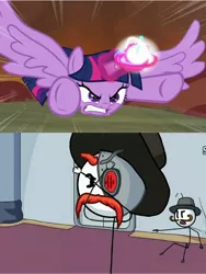 Size: 1920x2560 | Tagged: safe, derpibooru import, edit, edited screencap, screencap, twilight sparkle, twilight sparkle (alicorn), alicorn, cyborg, pony, twilight's kingdom, angry, completing the mission, crossover, henry stickmin collection, image, jpeg, puffballs united, reginald copperbottom, right hand man, super saiyan princess, toppat clan