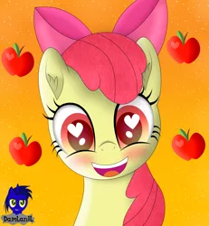 Size: 3840x4154 | Tagged: safe, artist:damlanil, derpibooru import, apple bloom, earth pony, pony, adorabloom, apple, apple bloom's bow, blushing, bow, cute, female, filly, food, hair bow, happy, heart, heart eyes, image, looking at you, mare, open mouth, png, simple background, smiling, vector, weapons-grade cute, wingding eyes