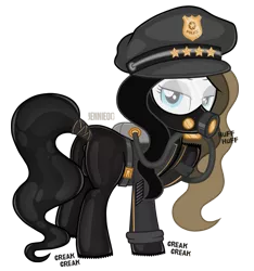 Size: 1123x1200 | Tagged: suggestive, artist:jennieoo, derpibooru import, oc, oc:chocolate fudge, unofficial characters only, earth pony, pony, butt, crotch bulge, fetish, gas mask, hat, image, latex, latex boots, latex suit, mask, peaked cap, plot, png, police, rubber, rubber suit, shiny, show accurate, show accurate porn, simple background, solo, tail wrap, transparent background