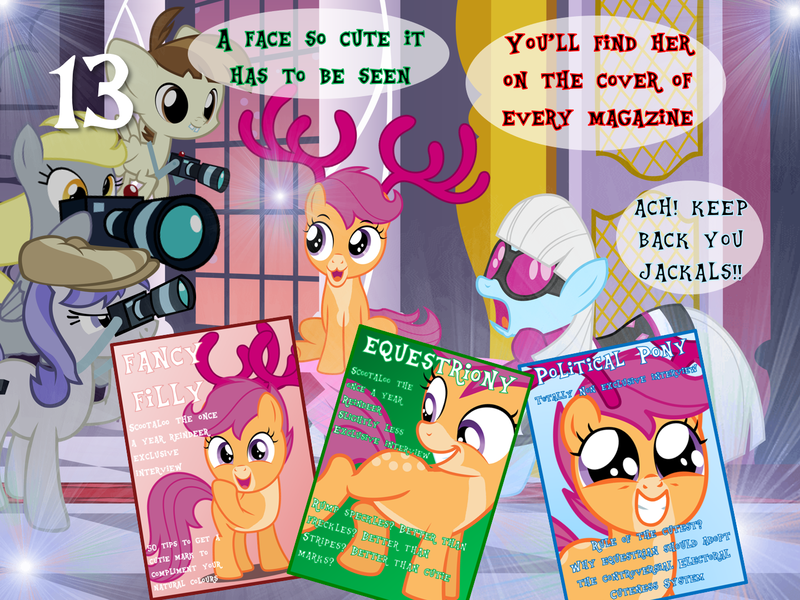 Size: 1440x1080 | Tagged: safe, artist:bronybyexception, derpibooru import, derpy hooves, featherweight, photo finish, scootaloo, deer, pegasus, pony, reindeer, advent calendar, camera, christmas, cute, holiday, image, magazine, magazine cover, photo session, png, reindeerified, scootadeer, scootalove, species swap