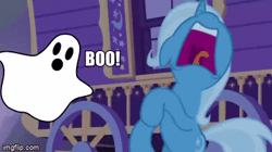 Size: 360x202 | Tagged: safe, artist:dwk, derpibooru import, edit, edited screencap, screencap, trixie, ghost, pony, undead, unicorn, to where and back again, animated, boo, caption, gif, hoofy-kicks, image, loop, open mouth, rearing, screaming