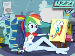 Size: 4000x3000 | Tagged: suggestive, artist:uzzi-ponydubberx, derpibooru import, rainbow dash, equestria girls, abdl, barefoot, bed, clothes, cutie mark diapers, diaper, diaper fetish, easel, feet, female, fetish, finger painting, image, non-baby in diaper, painting, pajamas, png, rainbow dash's bedroom, show accurate, solo