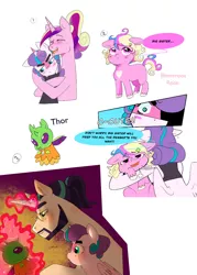 Size: 1024x1428 | Tagged: safe, artist:aztrial, derpibooru import, princess cadance, princess flurry heart, shining armor, oc, oc:bitterroot rose, alicorn, earth pony, unicorn, beard, blushing, brother and sister, facial hair, female, glasses, hug, image, implied thorax, jpeg, male, messy mane, offspring, older, older flurry heart, older princess cadance, older shining armor, parent:princess cadance, parent:shining armor, parents:shiningcadance, ponytail, siblings, tsundere