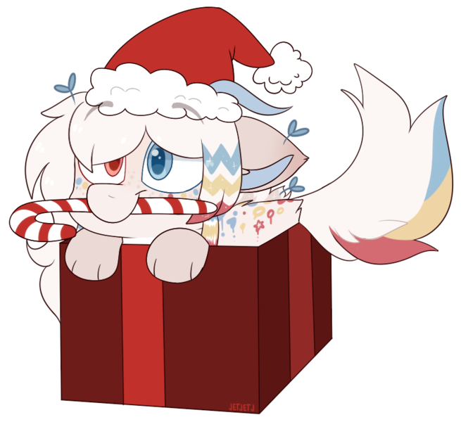 Size: 822x753 | Tagged: safe, artist:jetjetj, derpibooru import, part of a set, oc, oc:kei, draconequus, pony, box, candy, candy cane, commission, female, food, image, mouth hold, png, pony in a box, present, simple background, solo, transparent background, ych result
