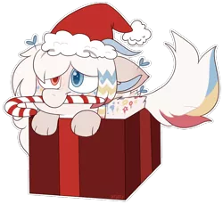 Size: 822x753 | Tagged: safe, artist:jetjetj, derpibooru import, part of a set, oc, oc:kei, draconequus, pony, box, candy, candy cane, commission, female, food, image, mouth hold, png, pony in a box, present, simple background, solo, transparent background, ych result