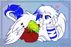 Size: 3000x2000 | Tagged: safe, artist:etoz, derpibooru import, oc, oc:light speed, oc:red, unofficial characters only, gryphon, pony, commission, cute, griffon oc, happy, heart, hug, image, male, onomatopoeia, png, sleeping, smiling, sound effects, stallion, winghug, wings, zzz