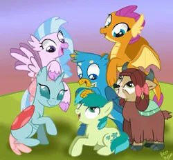 Size: 927x861 | Tagged: safe, artist:beesmeliss, derpibooru import, gallus, ocellus, sandbar, silverstream, smolder, yona, changedling, changeling, classical hippogriff, dragon, earth pony, gryphon, hippogriff, pony, yak, bow, cloven hooves, colored hooves, cute, diaocelles, diastreamies, dragoness, female, gallabetes, hair bow, image, jpeg, looking at each other, male, mane six opening poses, monkey swings, sandabetes, smiling, smolderbetes, student six, teenager, yonadorable