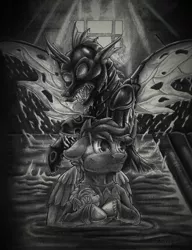 Size: 1690x2200 | Tagged: safe, artist:armorwing, derpibooru import, oc, unofficial characters only, changeling, pegasus, pony, bust, changeling oc, colored hooves, duo, fangs, grayscale, horn, image, indoors, jpeg, monochrome, open mouth, pegasus oc, traditional art, wings