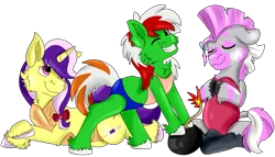 Size: 3500x2000 | Tagged: safe, artist:euspuche, derpibooru import, oc, oc:chifundo, oc:scopola mina, oc:wandering sunrise, unofficial characters only, earth pony, pony, unicorn, zebra, fallout equestria, fallout equestria: dead tree, bomb, cheek fluff, chest fluff, clothes, eyes closed, female, image, looking up, lotus position, lying down, mare, png, pose, simple background, smiling, summer, swimsuit, transparent background, weapon