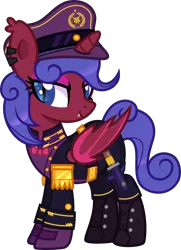 Size: 4000x5539 | Tagged: safe, alternate version, artist:n0kkun, derpibooru import, oc, oc:commander dark fang, unofficial characters only, alicorn, bat pony, bat pony alicorn, pony, alicorn oc, bat pony oc, bat wings, belt, boots, bowtie, clothes, coat, dagger, ear piercing, earring, eyeshadow, fangs, female, gloves, hat, horn, image, jewelry, knife, makeup, mare, pants, piercing, png, shirt, shoes, simple background, solo, transparent background, uniform, weapon, wings