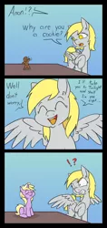 Size: 1000x2121 | Tagged: safe, artist:happy harvey, derpibooru import, derpy hooves, dinky hooves, gingerbread, oc, oc:anon, pegasus, pony, unicorn, accidental vore, colored pupils, comic, content, cookie, crumbs, drawn on phone, ear fluff, eating, exclamation point, eyes closed, female, filly, filly pred, filly predator, food, food transformation, full mouth, gingerbread (food), gingerbread man, image, implied transformation, interrobang, mare, png, question mark, shocked, sitting, smiling, spread wings, standing, table, vore, wings
