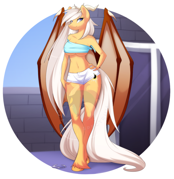 Size: 1163x1200 | Tagged: suggestive, artist:scarlet-spectrum, derpibooru import, oc, oc:silver veil, unofficial characters only, anthro, unguligrade anthro, belly button, breasts, female, hand on hip, horns, image, midriff, png, simple background, solo, solo female, transparent background, underboob, watermark