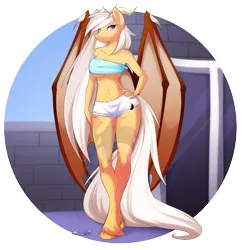 Size: 1163x1200 | Tagged: suggestive, artist:scarlet-spectrum, derpibooru import, oc, oc:silver veil, unofficial characters only, anthro, unguligrade anthro, belly button, breasts, female, hand on hip, horns, image, midriff, png, simple background, solo, solo female, transparent background, underboob, watermark