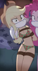 Size: 684x1279 | Tagged: suggestive, artist:radiantrealm, derpibooru import, edit, applejack, pinkie pie, equestria girls, apple print underwear, applesub, belly button, bondage, bra, breast bondage, breasts, cleavage, cloth gag, clothes, cropped, cutie mark, cutie mark on clothes, cutie mark underwear, female, femsub, gag, green underwear, image, lingerie, panties, png, rope, rope bondage, show accurate, show accurate porn, solo focus, submissive, underwear