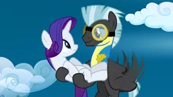 Size: 1280x720 | Tagged: safe, derpibooru import, screencap, rarity, thunderlane, pony, wonderbolts academy, bridal carry, carrying, clothes, duo, flying, goggles, holding a pony, image, png, shipping fuel, uniform, wonderbolt trainee uniform