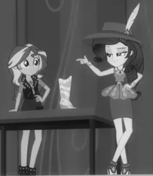 Size: 474x544 | Tagged: safe, derpibooru import, screencap, rarity, sunset shimmer, equestria girls, equestria girls series, rarity investigates: the case of the bedazzled boot, black and white, female, geode of empathy, geode of shielding, grayscale, image, magical geodes, monochrome, png