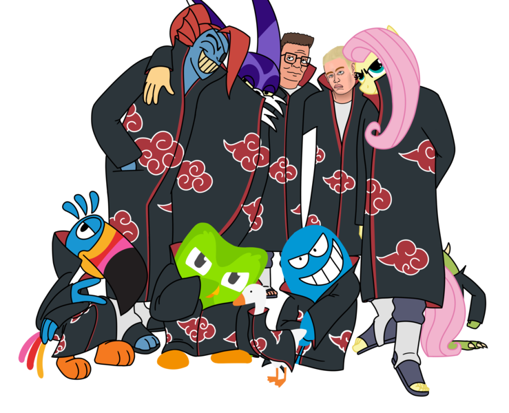 Size: 4812x3906 | Tagged: source needed, safe, artist:aaron amethyst, derpibooru import, fluttershy, anthro, bird, cat, fish, goose, human, owl, pegasus, toucan, akatsuki, big the cat, bloo (foster's), blooregard q kazoo, duolingo, eminem, female, foster's home for imaginary friends, group, hank hill, image, king of the hill, male, mike wazowski, monster, monsters inc., naruto, png, simple background, sonic the hedgehog (series), squatting, toucan sam, transparent background, undertale, undyne, untitled goose game, wat