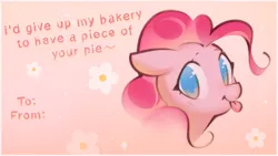 Size: 1942x1092 | Tagged: safe, artist:mirroredsea, derpibooru import, pinkie pie, pony, :p, bust, cute, diapinkes, female, floppy ears, flower, image, jpeg, looking at you, mare, portrait, solo, tongue out, valentine's day card