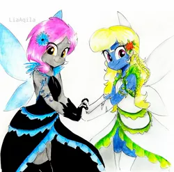 Size: 1983x1961 | Tagged: safe, artist:liaaqila, derpibooru import, oc, oc:azure/sapphire, oc:chiffon swatch, unofficial characters only, fairy, equestria girls, clothes, costume, crossdressing, dress, eye clipping through hair, fairies, fairies are magic, fairy costume, fairy wings, fairyized, femboy, flower, flower in hair, holding hands, image, jpeg, male, smiling, traditional art, transgender, wings