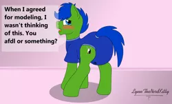 Size: 1280x771 | Tagged: suggestive, artist:lynnthenerdkitty, derpibooru import, ponified, earth pony, pony, blushing, diaper, diaper fetish, embarrassed, fetish, image, leonardo, modeling, onesie, open mouth, png, poofy diaper, speech bubble, teenage mutant ninja turtles