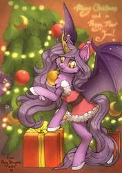 Size: 1236x1748 | Tagged: safe, artist:pony straponi, derpibooru import, oc, oc:nebula eclipse, unofficial characters only, bat pony, bat pony oc, bat wings, christmas, christmas lights, christmas tree, holiday, image, jpeg, present, tree, wings