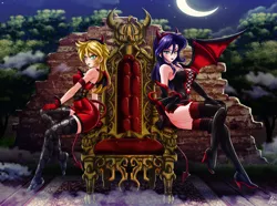 Size: 3000x2230 | Tagged: suggestive, alternate version, artist:mauroz, derpibooru import, applejack, rarity, demon, human, anime, breasts, busty applejack, busty rarity, clothes, costume, crescent moon, devil, devil costume, devil tail, erect nipples, forest, halloween, halloween costume, holiday, humanized, image, mist, moon, nipple outline, png, schrödinger's pantsu, sexy, smiling, smirk, socks, stocking feet, stockings, suit, thigh highs, thighs, throne, tree, variant, winged humanization, wings