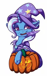 Size: 1000x1650 | Tagged: safe, artist:banoodle, derpibooru import, trixie, pony, unicorn, cape, clothes, commission, cute, diatrixes, female, halloween, hat, holiday, image, jpeg, knife, leg fluff, mare, mouth hold, pumpkin, pumpkin carving, simple background, solo, sweet dreams fuel, trixie's cape, trixie's hat, white background, ych result